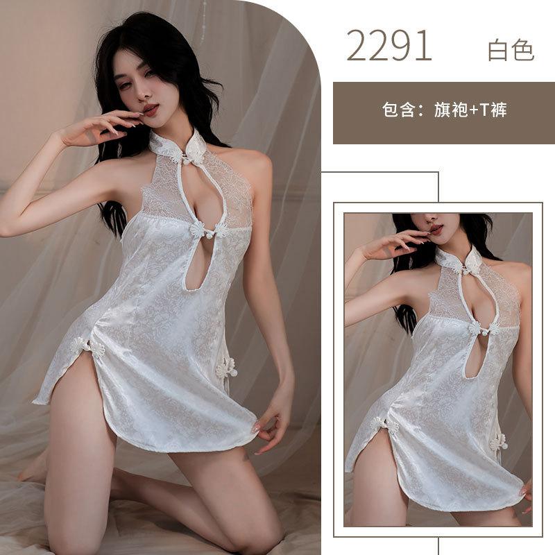 Sexy Retro Cheongsam Free Sex Underwear Women's Side Split Mesh Transparent Lace Large Size Uniform Temptation