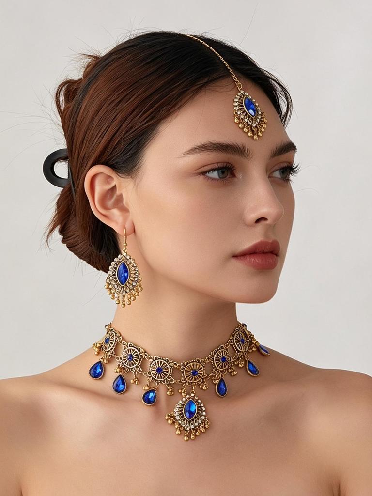 Exotisches Strass-Augen-Quasten-Schmuckset: Halskette, Ohrringe, Stirnanhänger