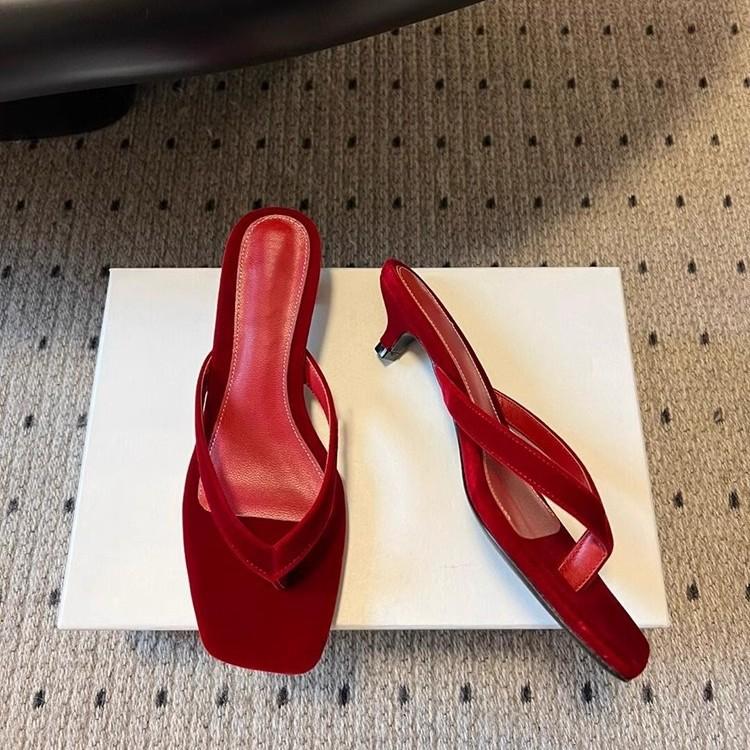 Cowhide Version~ French Red Leather Cat and Flip-flops for Women's Summer Wear Pinching Feet, Small Sandals, High-heeled Slippers, Half Towels