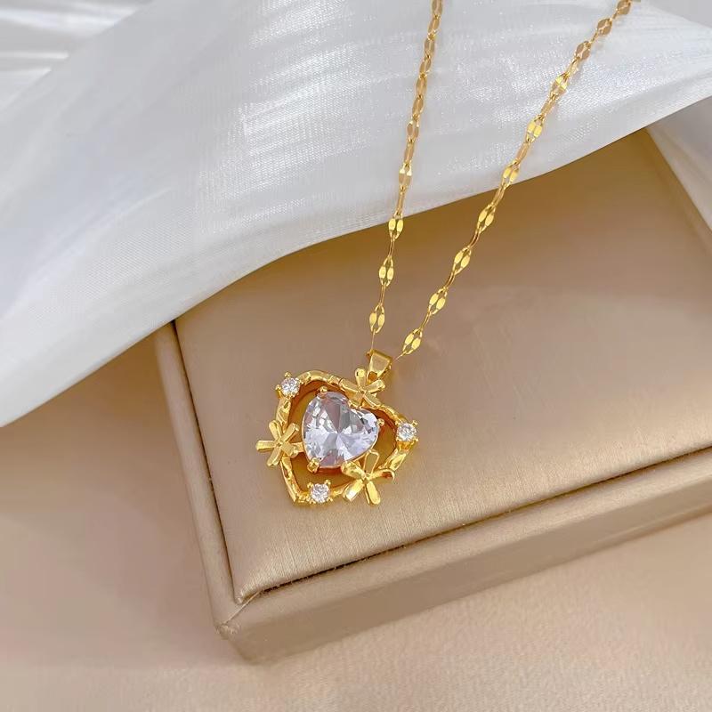 New Simple Design Gold Plated Heart  Shaped Crystal Zirconia Necklace Earring Set Stainless Steel Exqusite Bridal  Sets