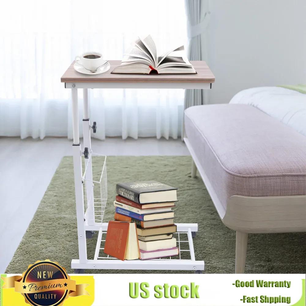 Bymaocar Oak Colored Moving Edge White Table Rack Adjustable Side Table W/ Removable&Lockable Universal Wheels Home/dormitories