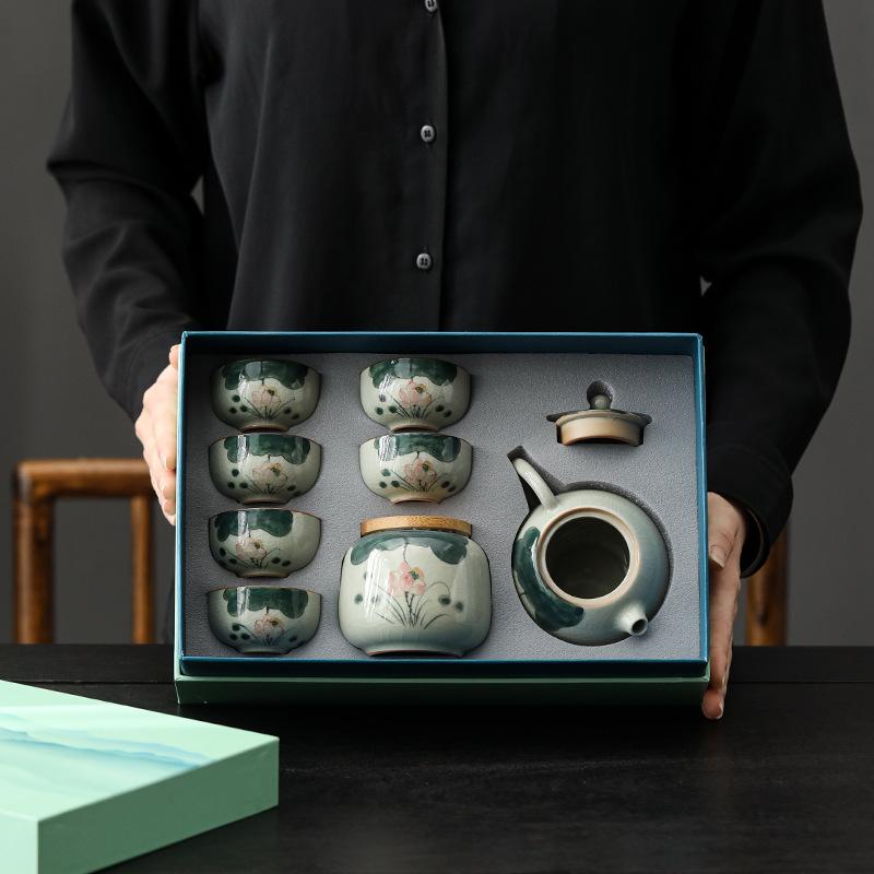 Ge Kiln Hand-Painted Kung Fu Tea Set, Household High-End Ceramic Teapot, Teacup Cover Bowl, Gift For Elders