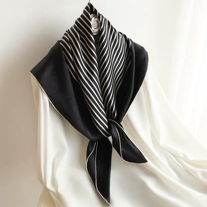 Nordic style silk striped pattern large square scarf punched silk scarf ins classic versatile handmade hand roll