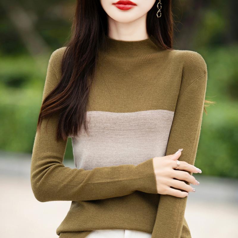 

Весна 2024 Свитер облегающего кроя с цветовыми блоками и полувысоким воротником - Женский топ с длинным рукавом Large