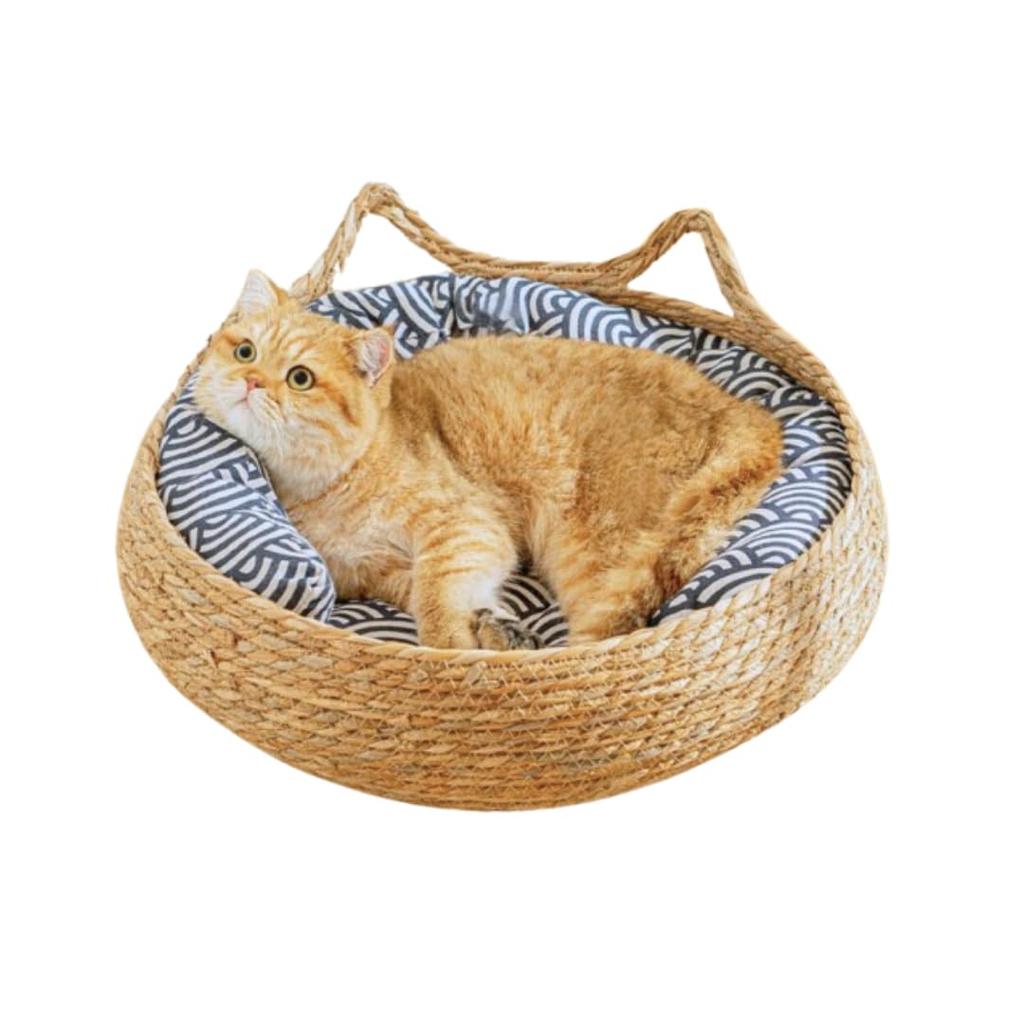 Cat Cattail with Japanese-style Bed, Grass, Wisteria, Rattan, Cushion, Natural, Handwoven, Breathable, All-Season (Blue, Small)