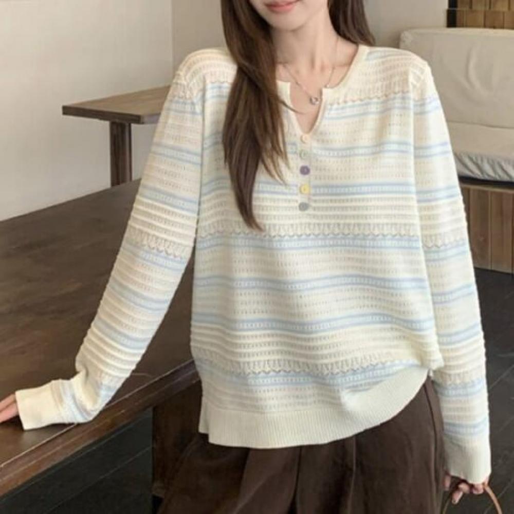 Navava Women Lovely Stripe Point Long Sleeve Knit Tee Nk3591