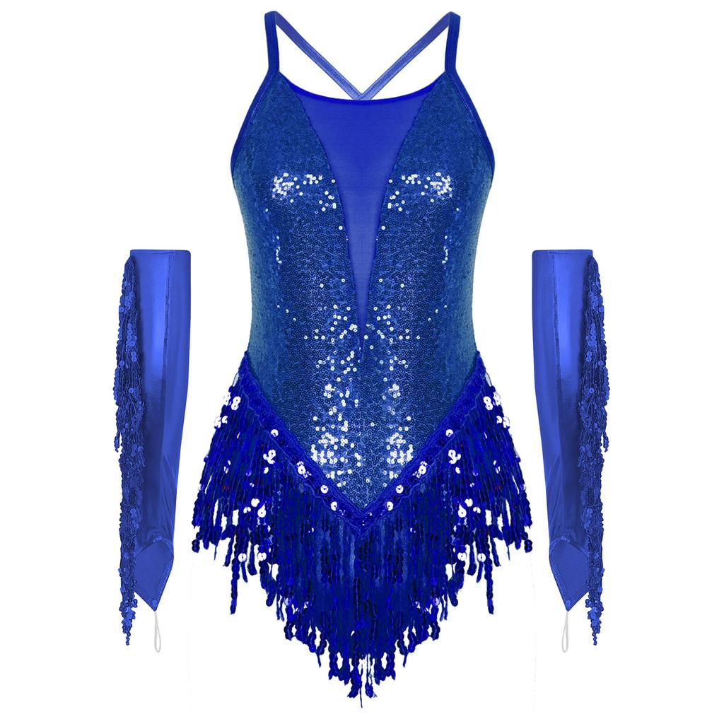 Damski Kostium na Występ Tańca Łacińskiego z Krzyżowym Tyłem Błyszczące Płatki Frędzle Body Metaliczne Rękawiczki