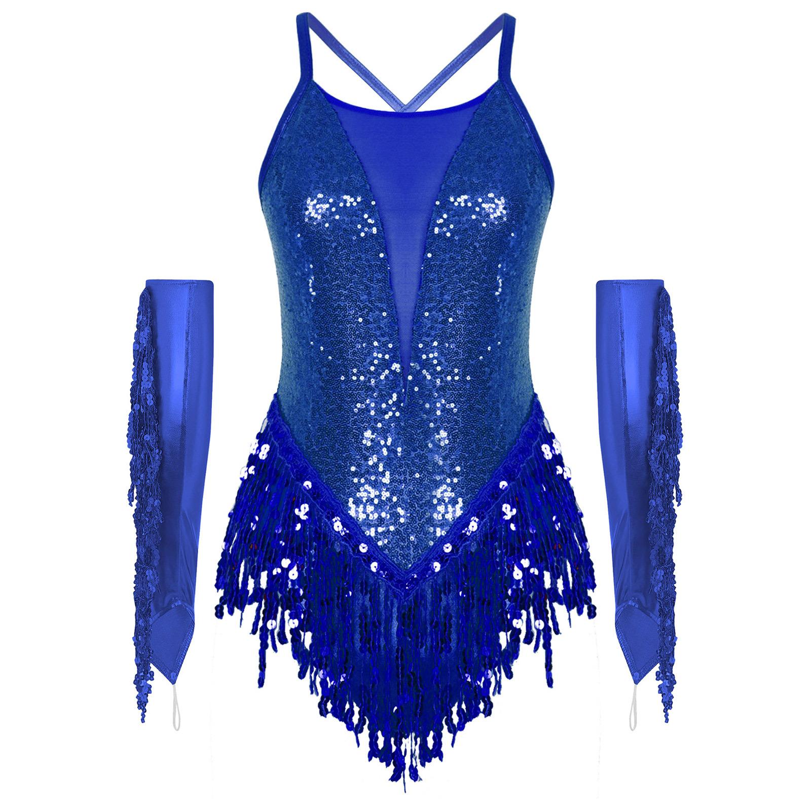 Costume da Esibizione Danza Latina da Donna Schiena Incrociata Paillettes Lucide Body Frangiato Nappa Guanti Metallici XXL colore blu royal
