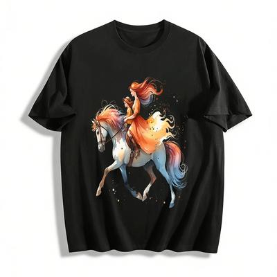 Aquarell Eltern-Kind Reiten Druck Lässiges Oberteil Reines Baumwoll-T-Shirt