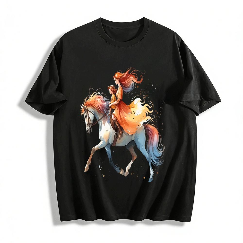 Watercolor Parent-Child Horse Riding Print Casual Top Pure cotton T-shirt XXS