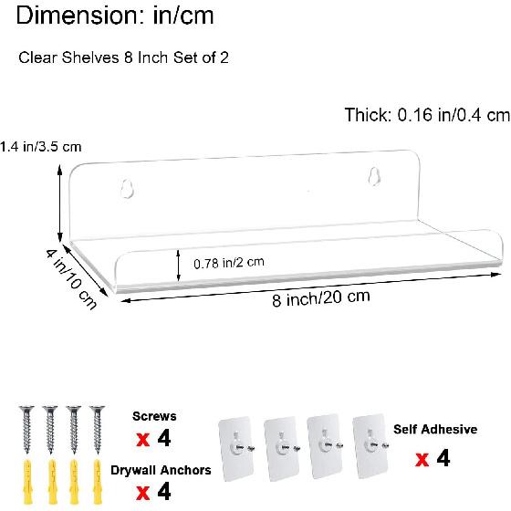 WANLIAN 8 Inch Acrylic Clear Shelves for Wall No Drilling, 2 Pack Small Adhesive Floating Shelf with Ledge, No Damage Mounted, Easily Expand Wall