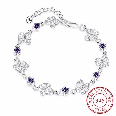 Lekani Prawdziwa 925 Srebrna Biżuteria Fine Jewelry Przezroczysta Fioletowa Aaa + Cz Cyrkonia Kryształ Motyl Serce Bransoletka Bransoletka Dla Kobiet