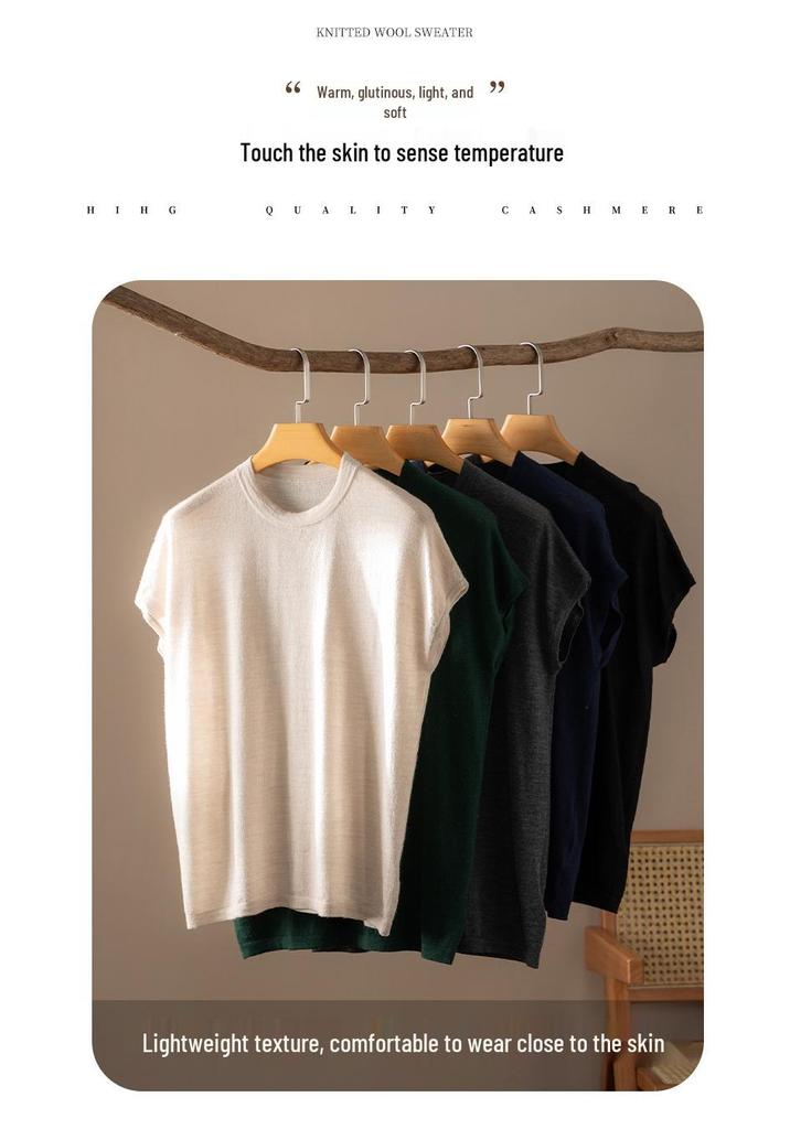 Yangzi Yarn Women's 100% Combed Wool Knit Vest T-Shirt - Short Sleeve, Round Neck, Summer Layer Top