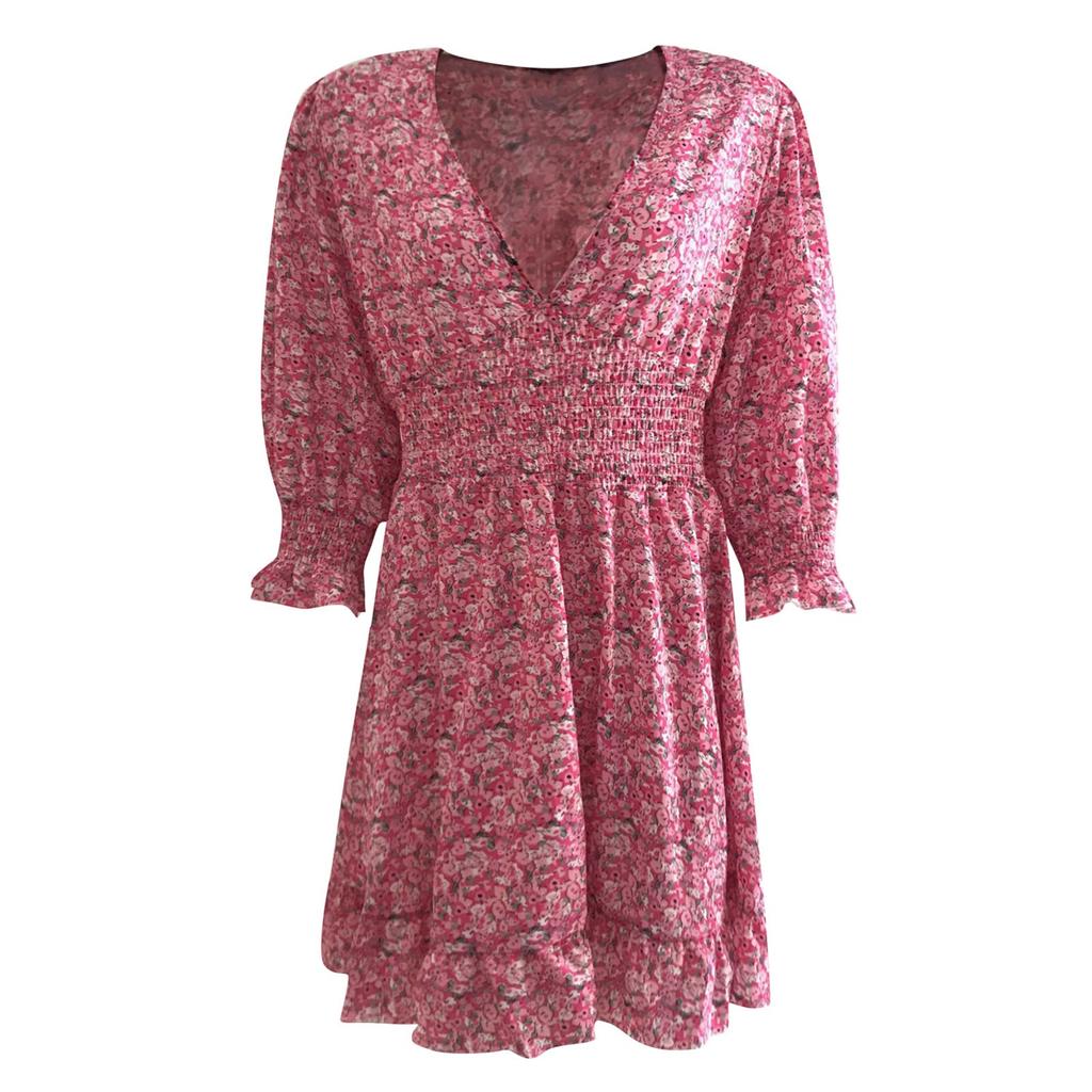 Damen-Kleid, lässig, modisch, kurzärmelig, V-Ausschnitt, Chiffon, Blumenmuster, Kunststoff-Taille