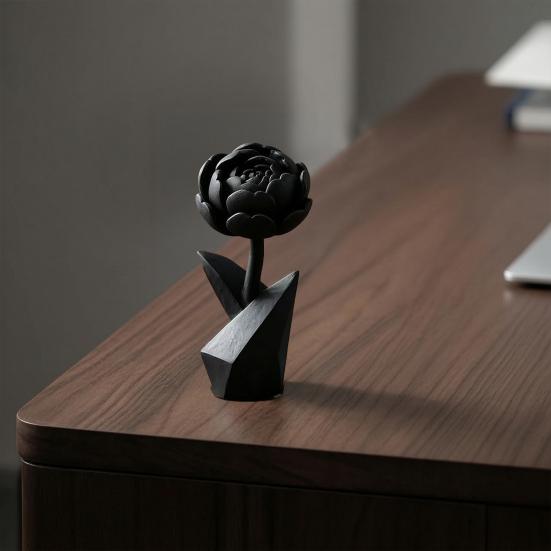 3D Printed Flower Figurine, Small Black Peony Tabletop Ornament for Office Executive Desk, Living Room, Bedroom Shelf Decor