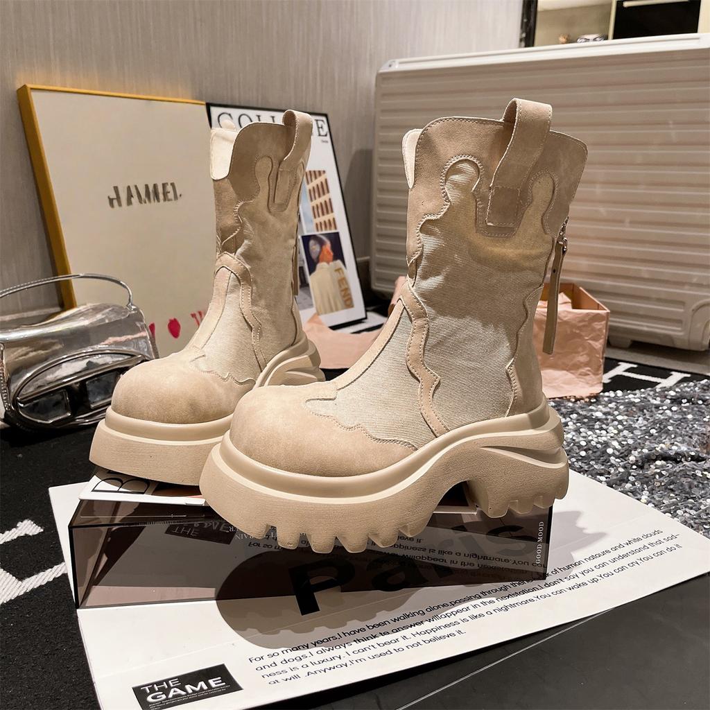 Niche Round-headed Short Boots for Women's 2025 Autumn New Ethnic Style Big-headed Thick-soled Denim Fashion Popular Martin Boots