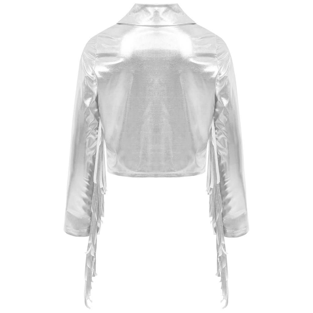 Girls Dance Jacket Metallic Tassel Design Turn Down Collar Long Sleeve Zipper Fringe Party Top