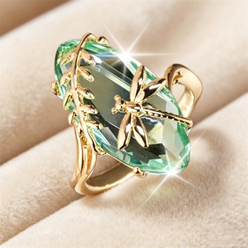 Gorgeous Gold Color Inlaid Green CZ Women's Ring Carving Branch Dragonfly Daily Wear Party Jewelry