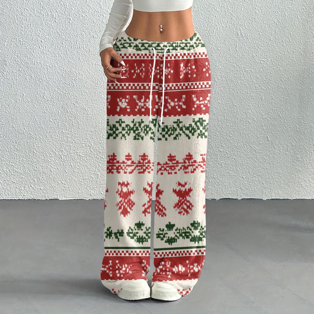 Women's Casual Fashion Printed Elastic Waist Loose Straight Leg Pants With Rope
