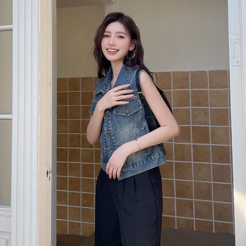 European Style Soft Denim Ribbon Vest Top for Women