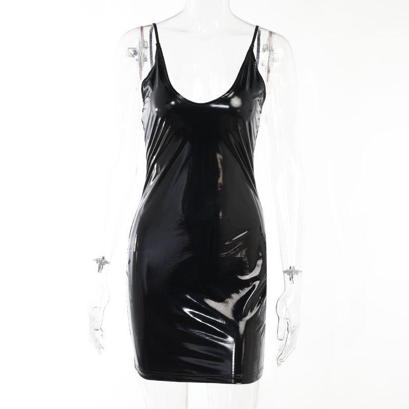 

Pu Dress Fashion 2023 New Arrival Spring Tight Elegant Sexy Leather Skirt Low Cut Black Solid Color Dress Black S