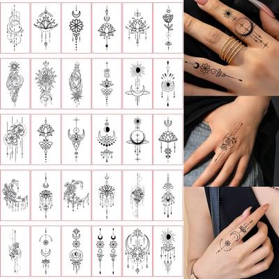 30 Sheets Black Flower Design Temporary Tattoo Stickers for Men Women Waterproof Small Moon Stars Starry Sky Fake Tattoo Hand
