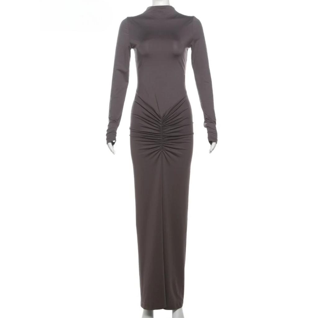 LYRIA Řasené Dámské Klasické Maxi Šaty Podzimní Nové Jednobarevné Dlouhý Rukáv Vysoký Límec Tvarující Postavu Vestidos Mujer Stručný Trend Župan