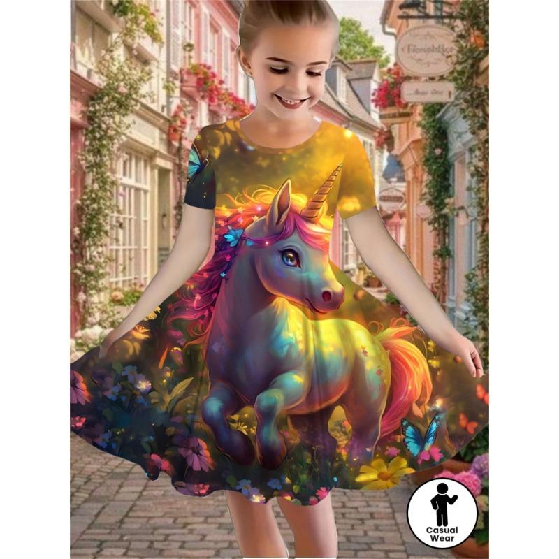 [Girls' Butterfly Dress] Holiday Party Girl Short Sleeve Dress - 3D Butterfly Princess Print,
