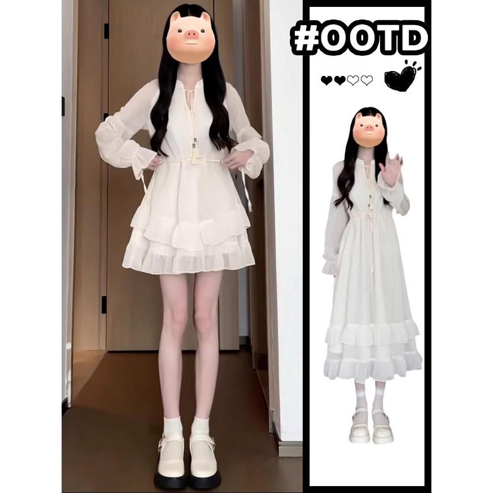 

Autumn Petite Women s White Long-Sleeve French High-Waist Sweet Short Dress Small бежевый