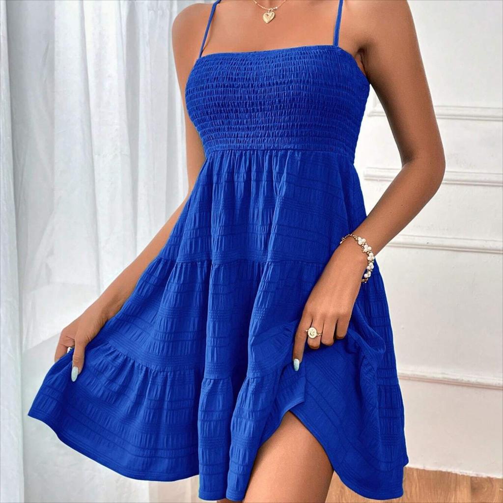 2025 European and American Women's Summer New One-piece Neck Slim Suspender Solid Color Versatile Texture Dress
