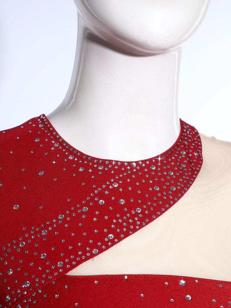 Women's Gymnastics Figure Skating Bodysuit S-XXL: Rhinestone Color Block Mesh Long Sleeve Chest Pleats Jumpsuit with Buttoned Crotch
