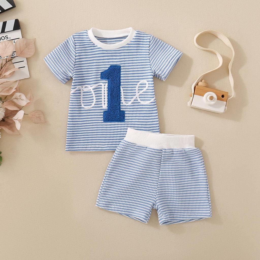 Unisex Baby & Toddler Waffle Stripe Embroidered T-Shirt + Shorts Set 