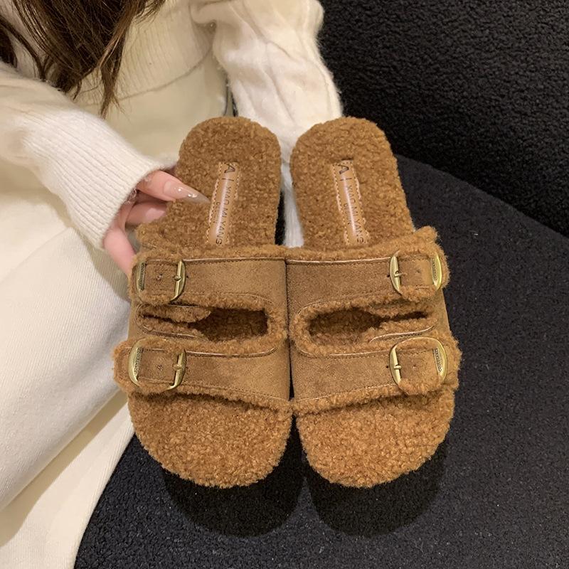 2025 autumn new open-toed double one-word with metal buckle Mao Mao shoes flat-soled fashionable versatile soft-soled women's slippers women