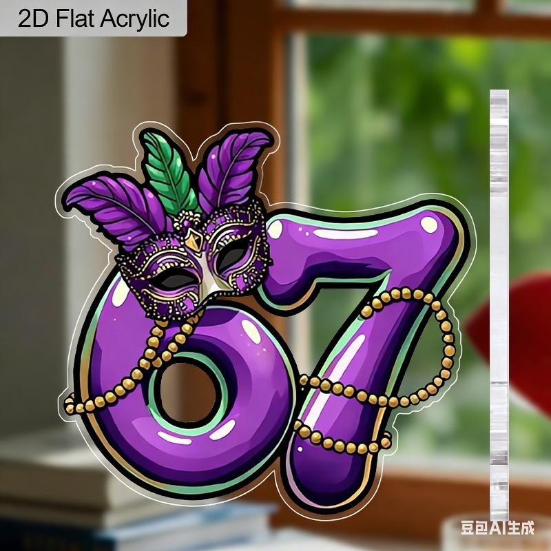 2D Flat Purple & Green Mardi Gras 67 Number-Shaped Acrylic Sign, Suitable for Wall Decoration, Porch, Room, Villa, Accents Home, Hallway, or Workplace