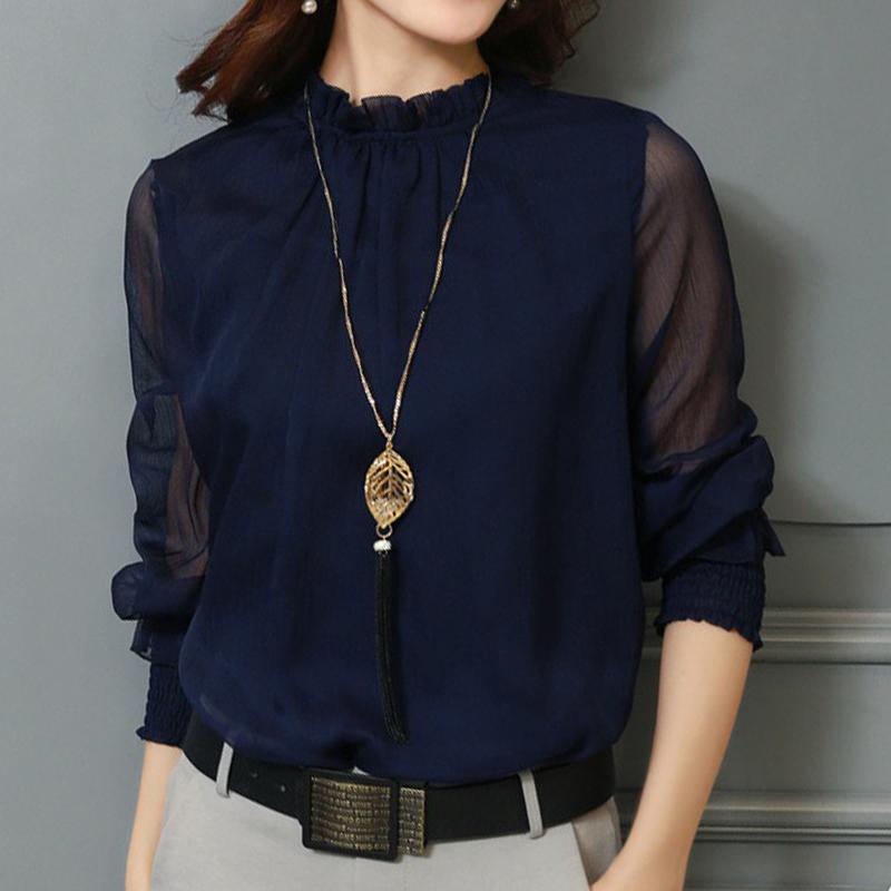 Jaro Léto Volná krajková šifonová košile Ženy Síťovina Volán Dlouhý rukáv Dámské halenky a topy velké velikosti Elegantní Jednobarevné Ležérní Dámské košile 24585