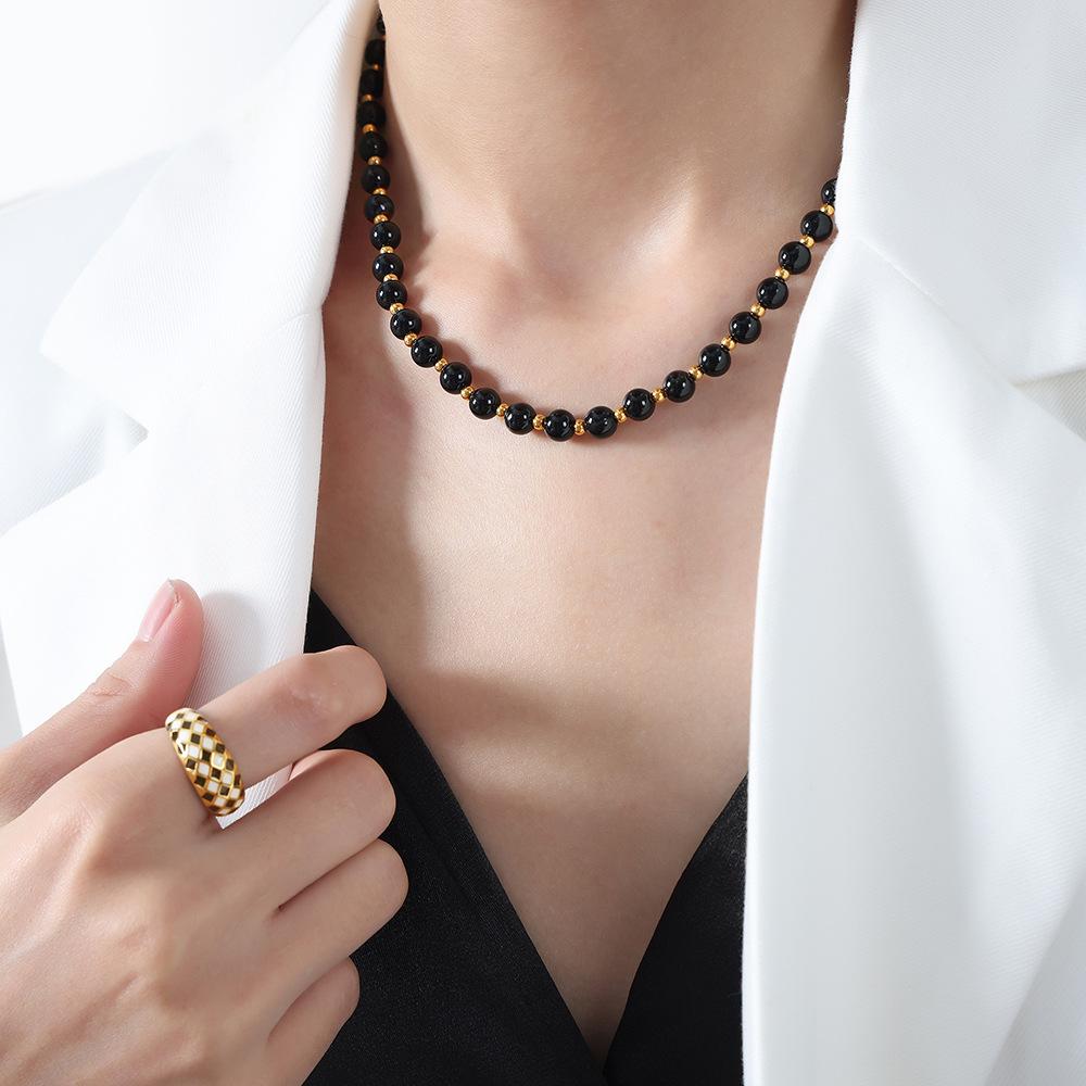 Vintage Black Agate Beaded Necklace For Women Stainless Steel OT Buckle Necklaces Elegant Woman Jewelry