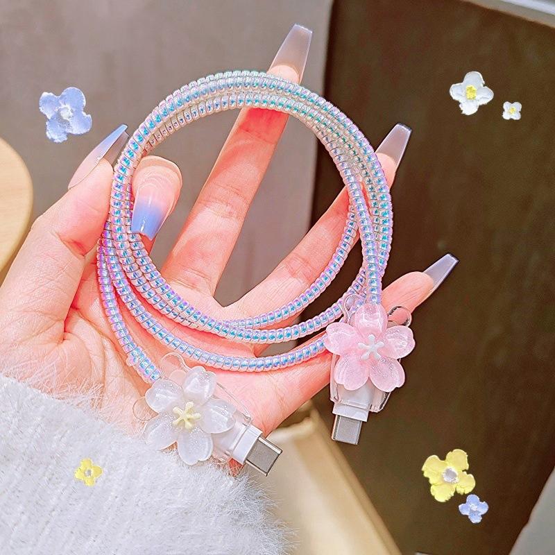 Flower Transparent Usb 20W Phone Charger Protective Case With Cable Winder Cover For Iphone Power Adapter Protector