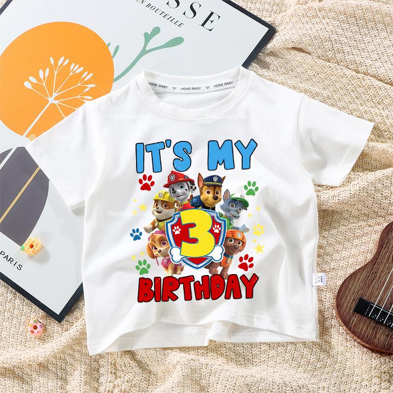 Paw Patrols Children Birthday Number T Shirt Clothes Party Cartoon Figure Print Boys T-Shirt White Short Sleeve Tops Tee Gift