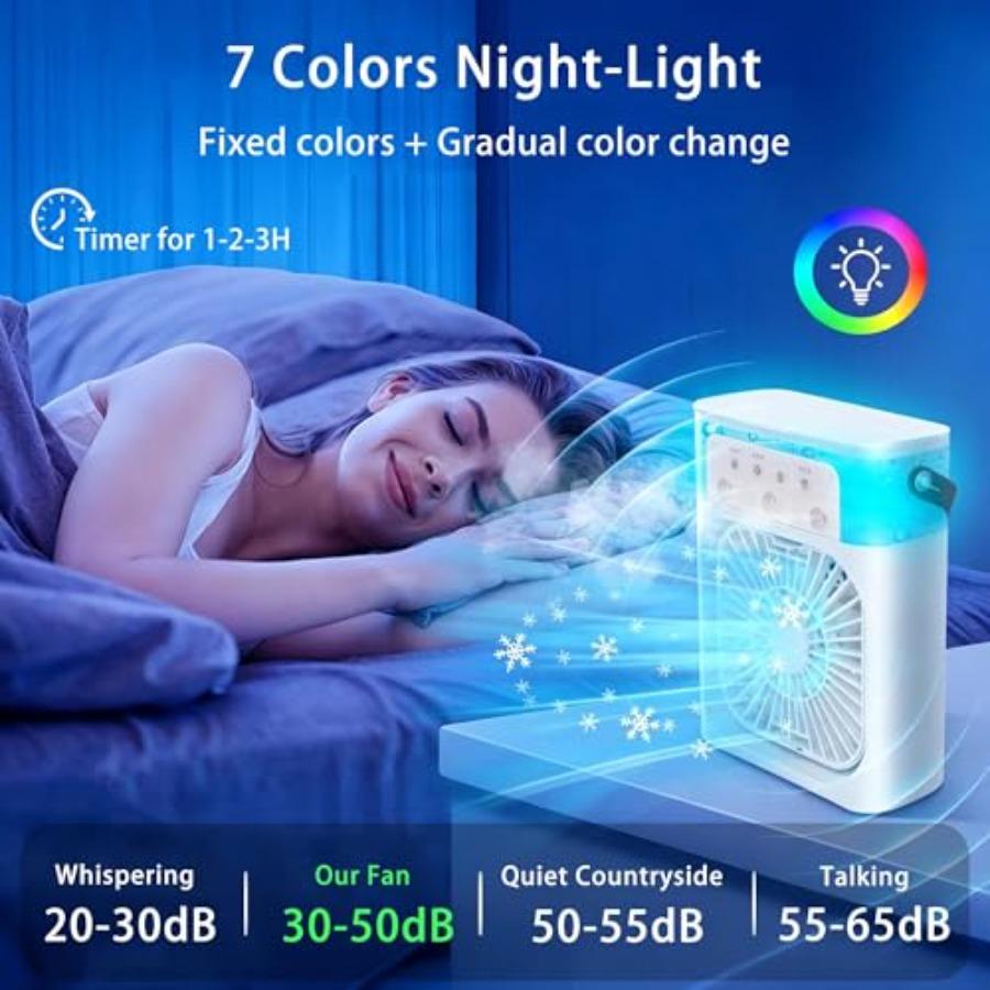 Portable Air Conditioners for bedroom and office, white ABS plastic mini air cooler fan with 2000mAh battery, 500ML tank, 3-spe