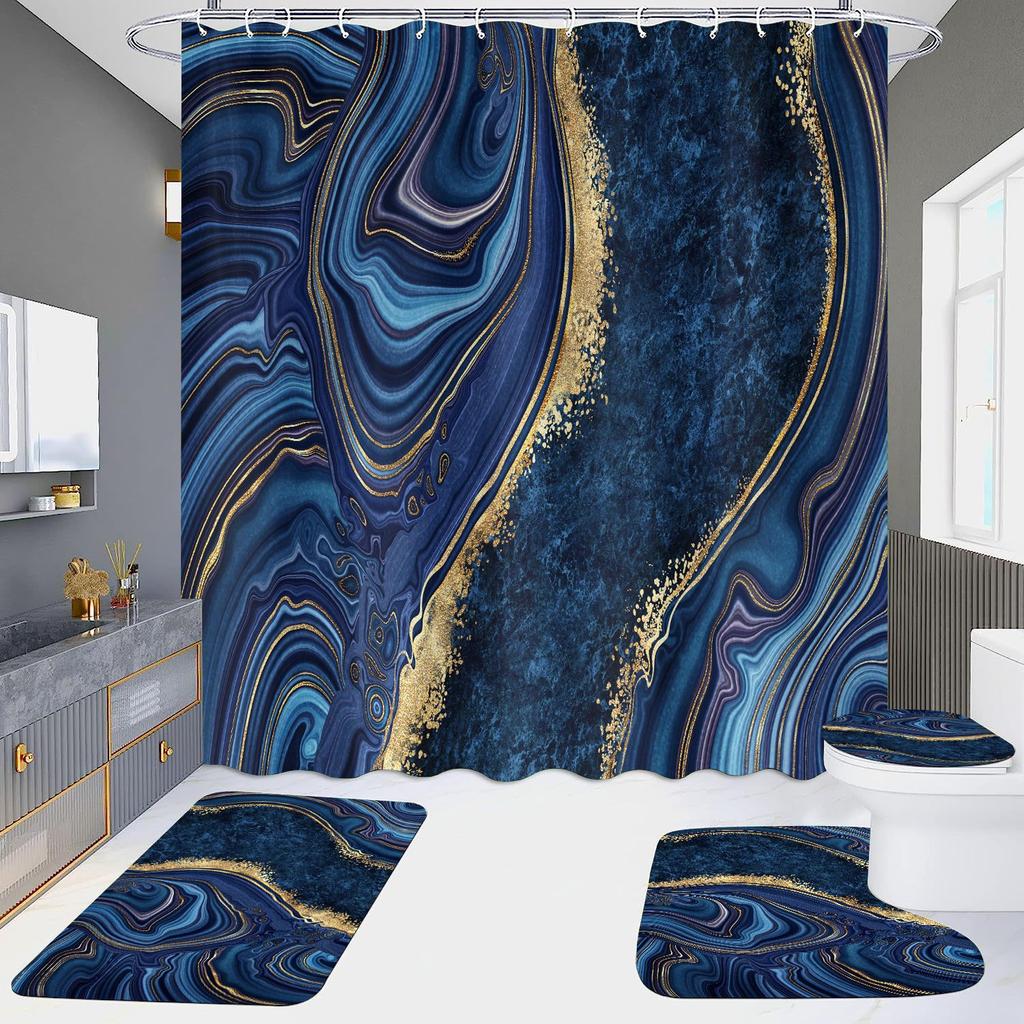 4Pcs Marble Series Shower Curtain Sets for Bathroom Non-Slip Bathroom Rugs Lid Toilet Cover Bath Mat