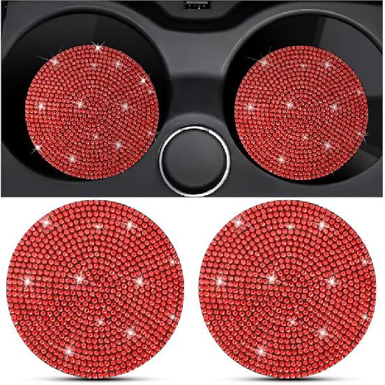 2PCS Bling Car Cup Holder Coaster, Crystal Rhinestone Non-Slip Ert Auto Cup Pads, Sparkling Vehicle Decor Bottle Mat Accessories For Women Girls,