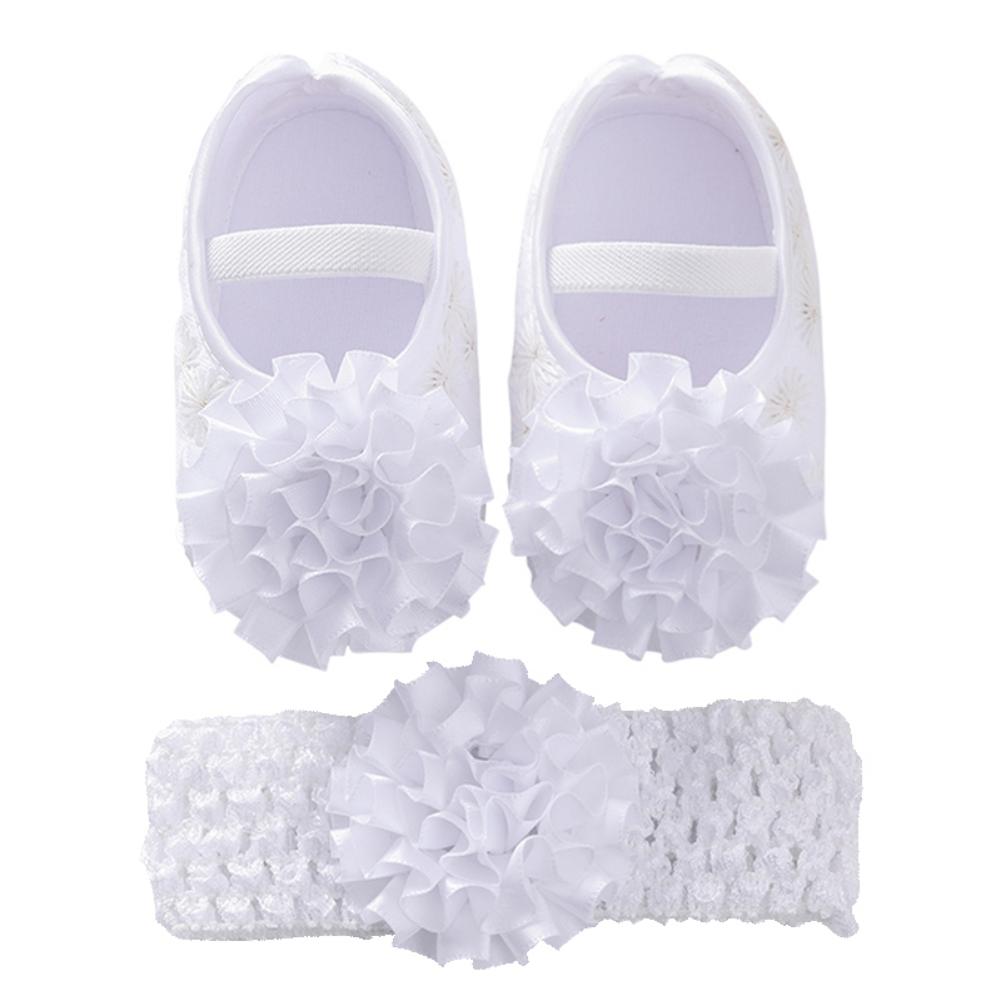 Newborn Baby Shoes Girls Flower Shoes Toddler Prewalker Cute Baby Soft Shoes For 0-12M Children With Hair Band