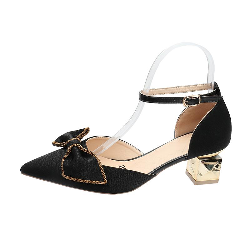 

Fashion Women s Coarse Heel Sandals Pointy Toe Shallow Mouth Butterfly Knot Line with Non-slip Wear-resistant High Heels 40 чёрный