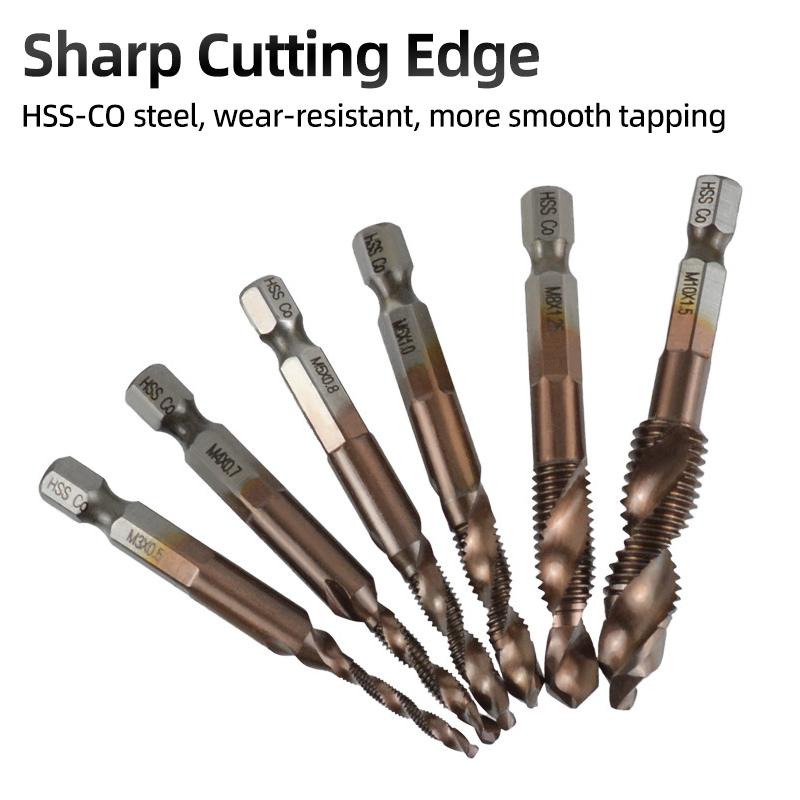 Composite Screw Tap Bit HSS-CO Tap Drill Set 1/4" Hex Spiral Tap Drill Reamer Titanium Soft Metal Thread Drilling Tapping Tools