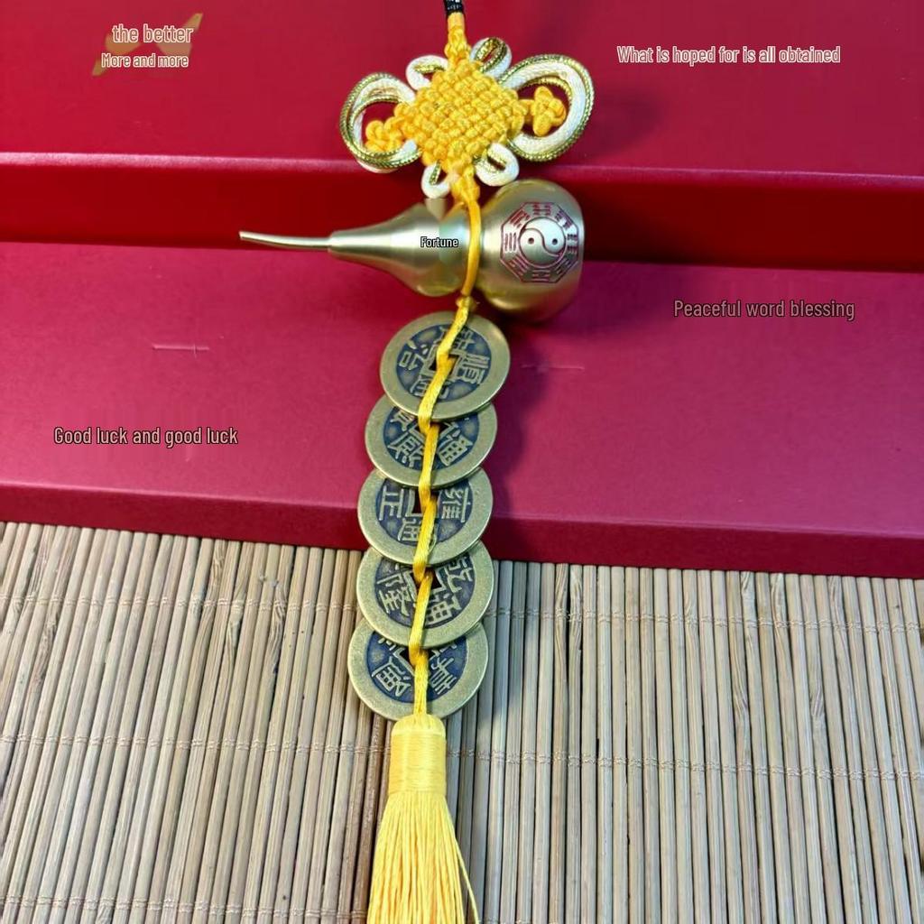 Brass Prosperity Gourd with Five Emperor Coins: Attract Wealth, Ward Off Evil, Auspicious Knot Pendant