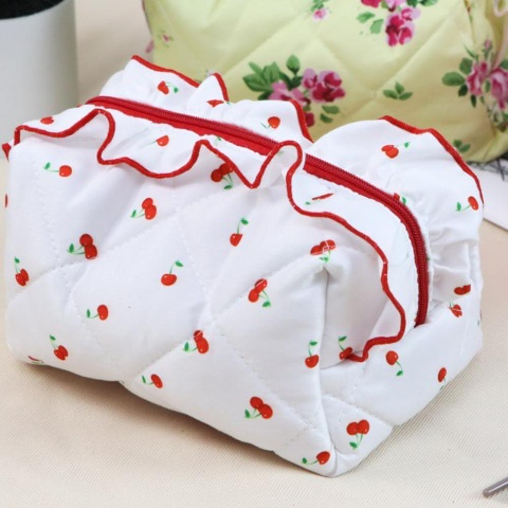 Large Capacity Ruffle Makeup Bag Cherry Printed Wash Storage Bag Sweet Toiletry Organizer Skincare
