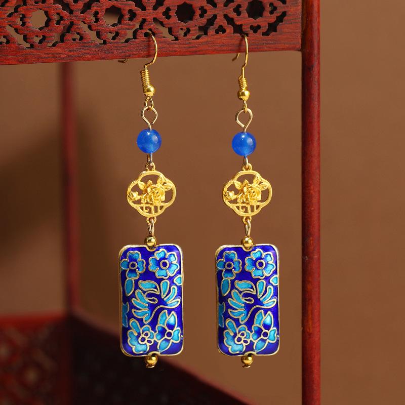 

Original design cloisonne earrings women s retro enamel flower square brand earrings medium cheongsam earrings