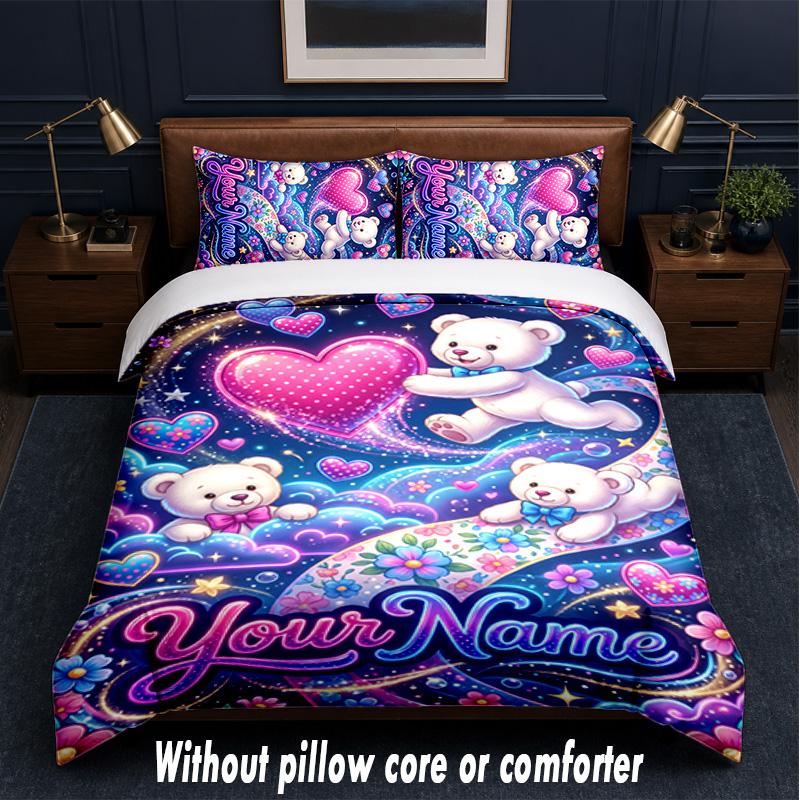 Teddy Bear Theme Custom Text Or Name 3Pcs Bedding Set,1 Flat Sheet & 2 Pillowcases Personalized Home Bedding