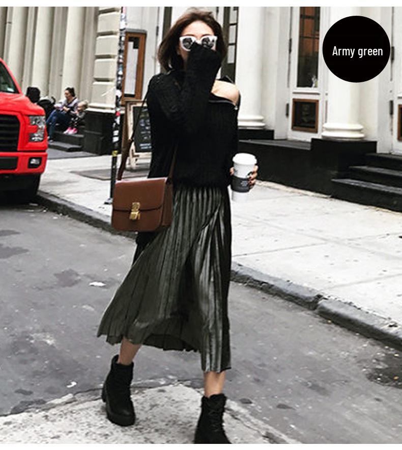 Elegant Pleated Mid-Length Skirt: Spring/Autumn, Solid Color, Elastic Waist, Loose Fit, Plus Size.