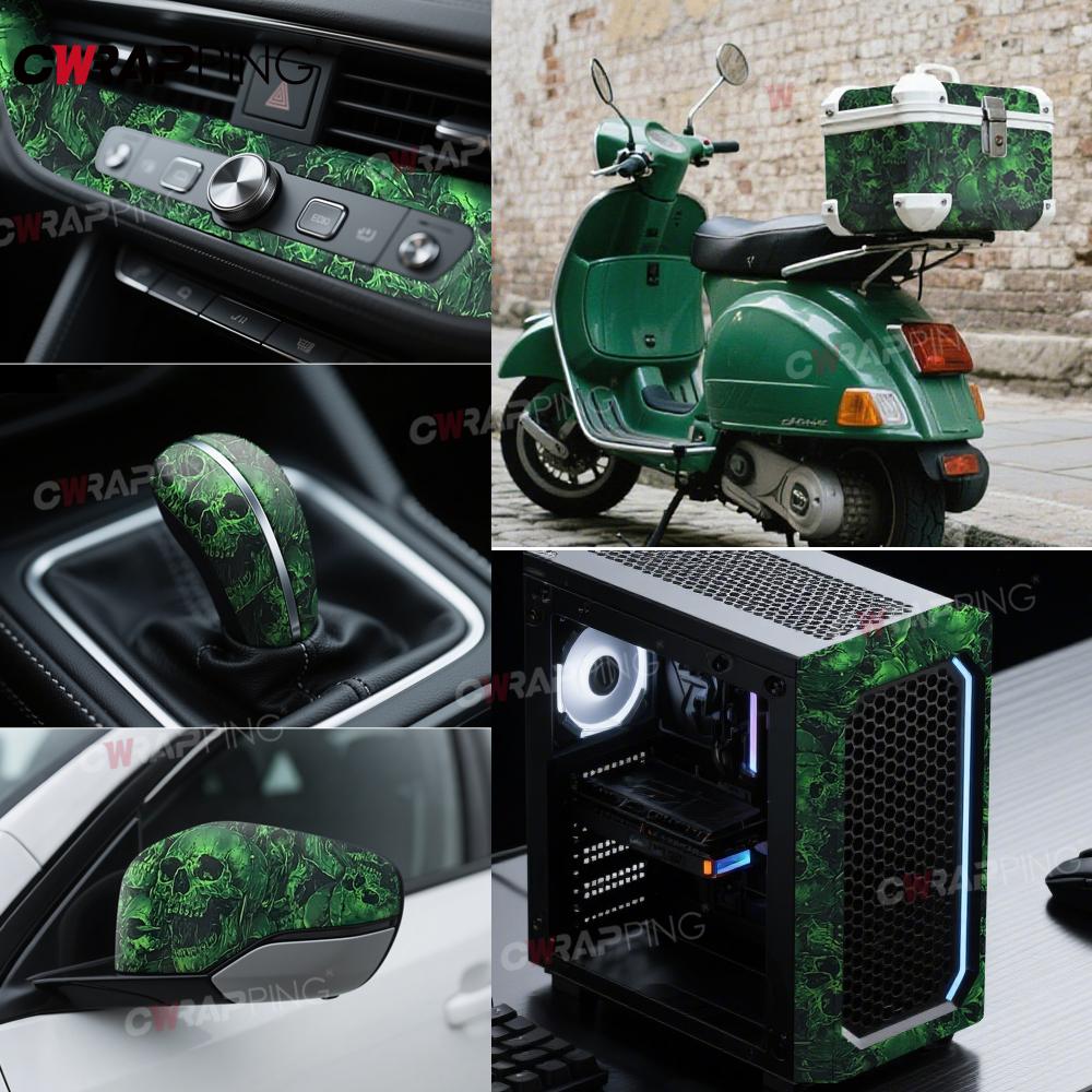 Car Wrap Vinyl Anti-Scratch Automotive Wrapping Green Skull Cartoon Printed Waterproof Wallpaper Sticker Tuning Auto Accessories